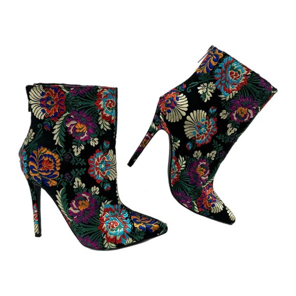 JustFab Black Brocade Heeled Boots | Ultra-High Stiletto Heel - Picture 1 of 10